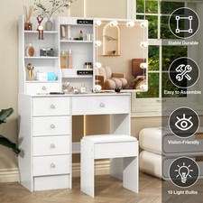 Vanity Table Set With LED Lights Mirror 6 Drawers and Stool Makeup Dressing Desk