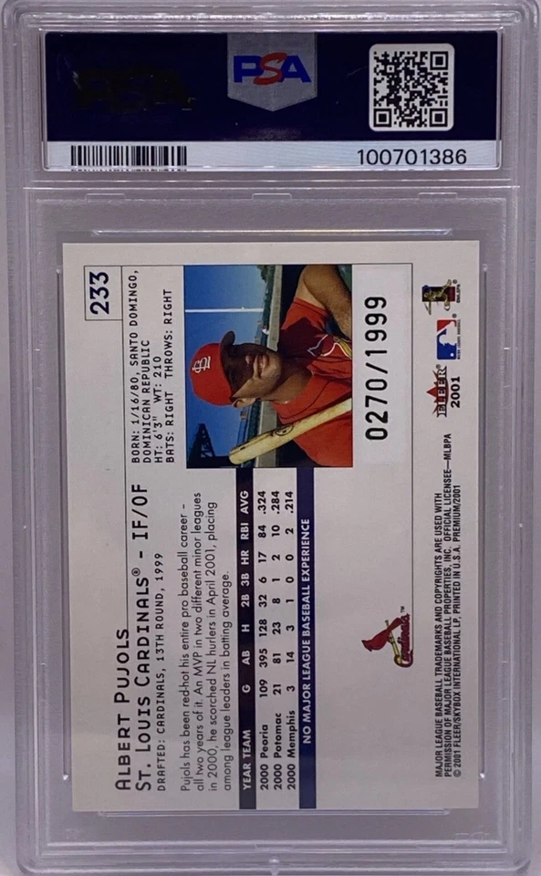 Fleer Premium 2001 Albert Pujols Rookie RC #0270/1999 #233 PSA 7 casi nuevo Cardinals SP Foto 2 de 2