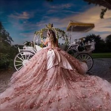 Quinceanera Dresses Off Shoulder 3D Floral Beads Tull Gillter Sequins Lace-up