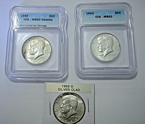 ICG Certified 40% Silver 1965 & 1966 Kennedy Halves & 1968-D UNC Kennedy Halve