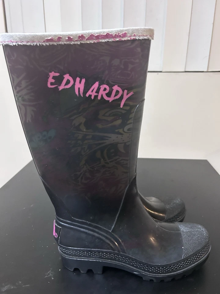 Винтажный Y2K Ed выносливый резиновый дождя ботинки Tiger женщин размер 6 винтажный розовый черный панк - Изображение 2 из 4