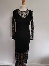 Mela London Black Lace Maxi Dress UK 10 Floral Sheer Mesh Long Sleeve Occasion