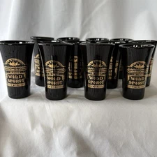 WILD SPIRIT LIQUOR~ Gold on Black Ceramic Shot Glasses ~ Set of 12 ~ 3.25” Tall