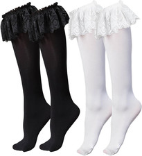 2 Pairs Lace Knee High Socks for Women Adult Ruffle Socks for Women Velvet Lo...