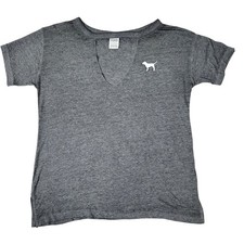 PINK Victoria's Secret Gray V-Neck Cutout T-Shirt Short Sleeve Dog Logo XS