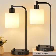 Set of 2 Industrial Table Lamps with USB C A Ports and Outlet, Black Fully St...