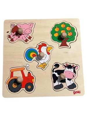 Goki Steckpuzzle Bauernhof Holzpuzzle Kuh Schwein Hahn Traktor Kinder