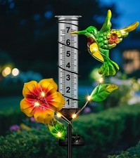 Rain Gauge Outdoor - Hummingbird Decorative Rain Gauges with LED Solar Lights...
