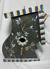 Crooked Wooden Birdhouse - Hand Painted Flowers And Dragonfly - 11.5” Tall