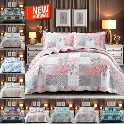 3 PCS Patchwork Quilted Bedspread Bed Throw Single Double King Size Bedding Set - Image 1 of 4