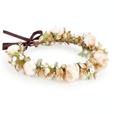 Fairy Flower Crown, Golden Green Woodland Flower Headband - Artificial White