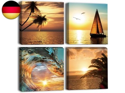 Artscope 4 Teilig Leinwandbilder mit Kokosnussbaum-Segelboot und Meer Motiv