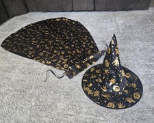 Witch Hat with Matching Cape, Black with Gold Accents, Halloween Costume