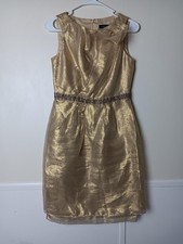 Dress Womens S Gold Sheath Knee Length V-Neck Lined Beaded Party Formal