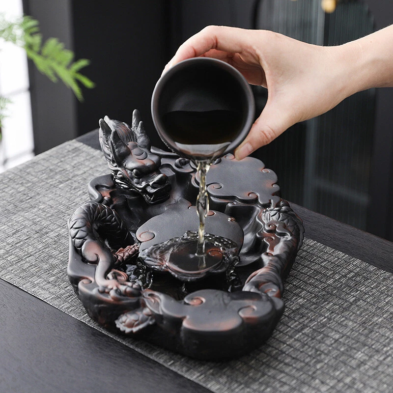 Handmade Carve Dragon Embossed Ceramic Tea Tray For Pot Cup Pottery Serving Tray - Image 3 of 4
