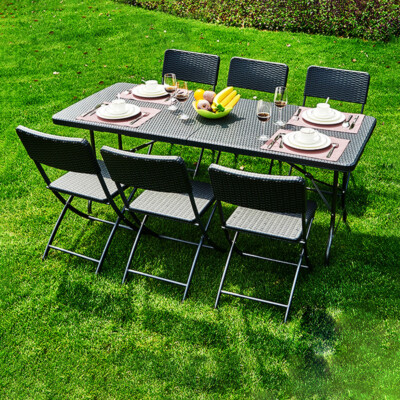 Folding Table Plastic Rattan Garden Chairs 7Pcs Outdoor Dining Set