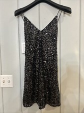 LULU'S Women’s Black Sequined Spaghetti Strap A Line V Neck  Dress Size Medium