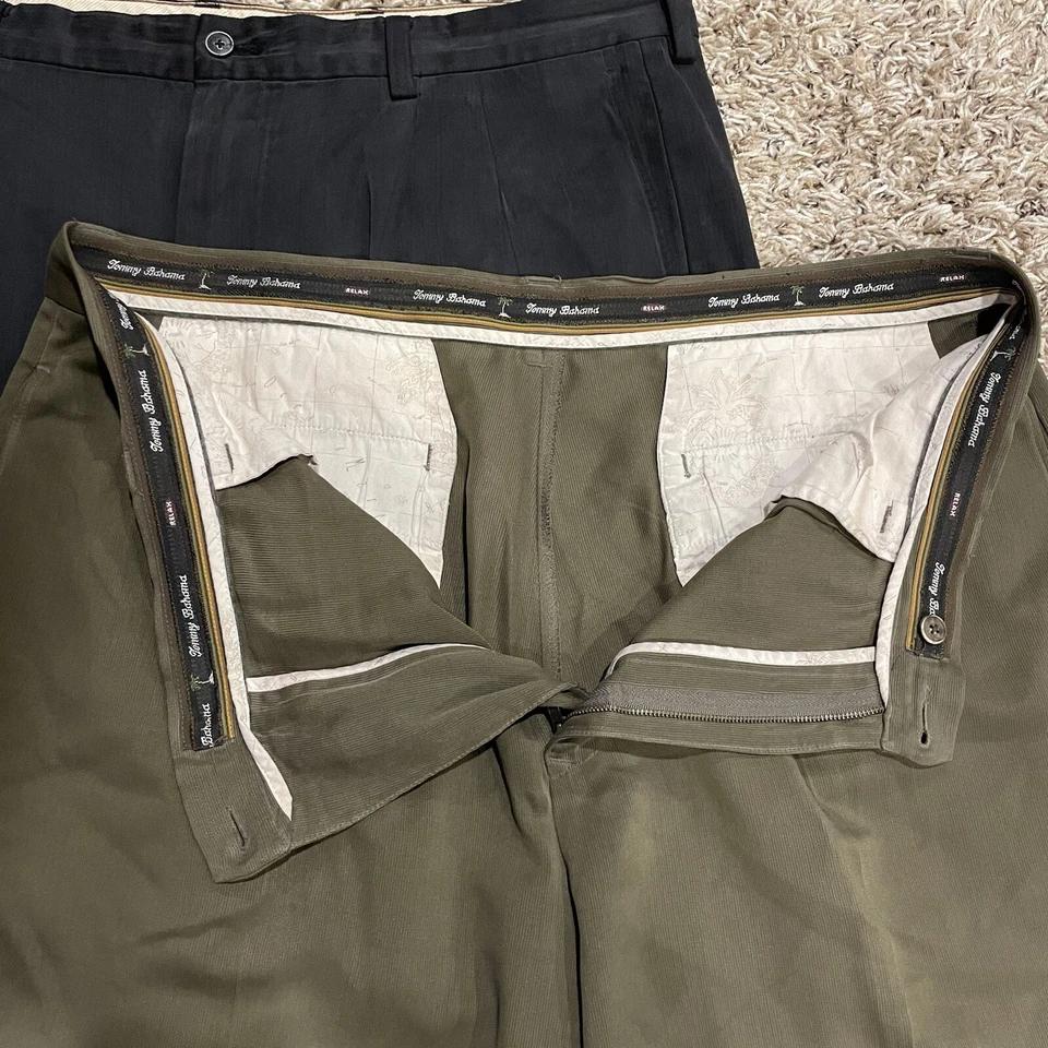 批量 2 件 Tommy Bahama 短裤男式 38 黑色绿色丝绸人造丝打褶休闲裤 — 第 4/4 张图片
