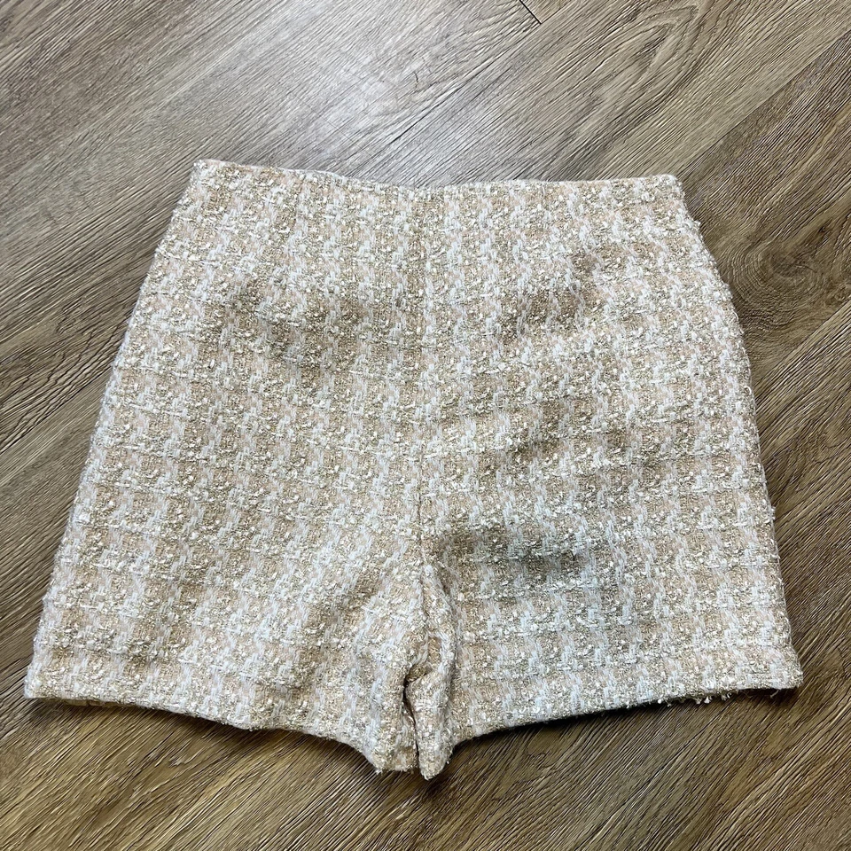 Pantalones Cortos Express Para Mujer 2 Tweed Metálicos Dorados Cintura Alta Disco Preppy Vacaciones Foto 2 de 4