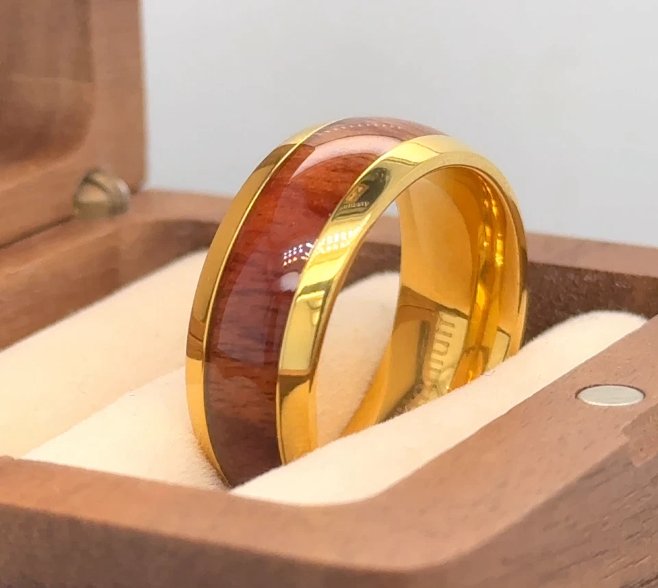 Fiancé Ring Yellow Gold Titanium Wedding Band Wood Inlay Polished Finish Ring - Image 4 of 4