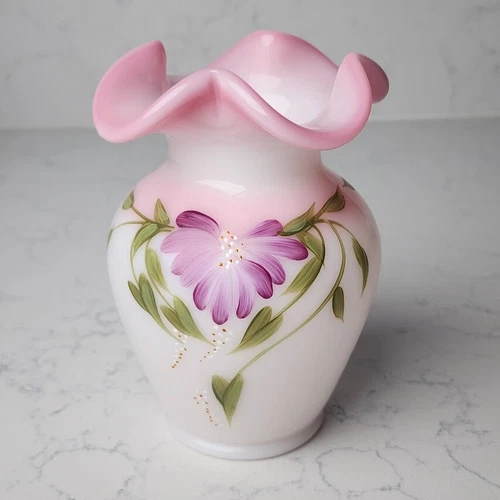Fenton Art Glass Vase Honor Collection Hand Painted Rosalene  Limited Ed Signed