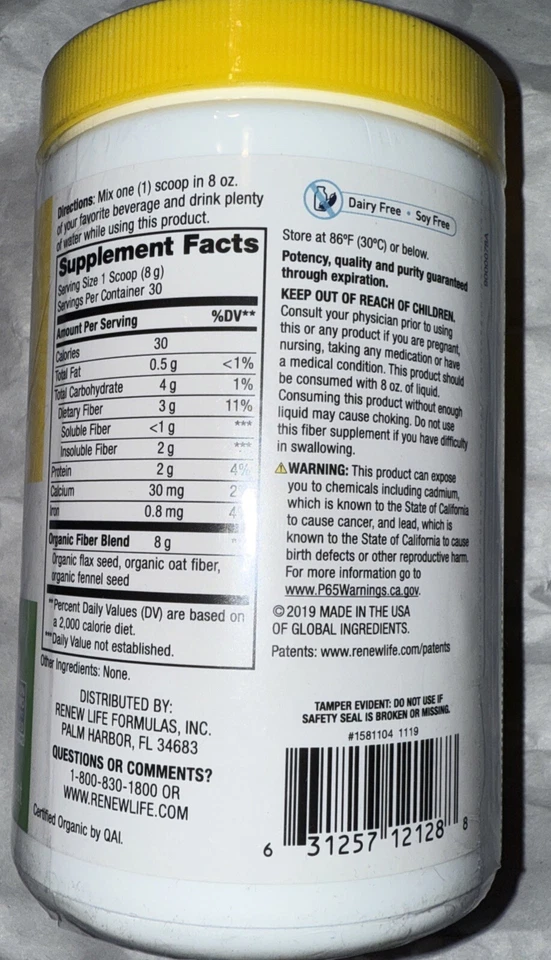 Fibra digestiva diaria Renew Life fibra prebiótica orgánica 8,5 oz 240 g caducidad 03/2026 Foto 2 de 4