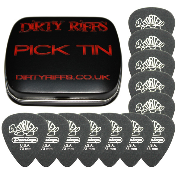 12 Dunlop Tortex Pitch Black Standard Guitar Picks - 0.73mm In A Handy Pick Tin