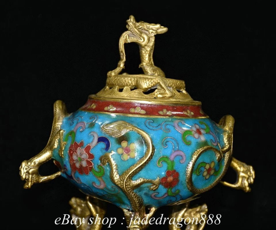 Queimador de incenso dragão de água 6,4" XuanDe marcado porcelana cobre cloisonne 3 - Imagem 2 de 4