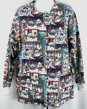 Barco Scrubs Top M Christmas Holiday Print LongSleeve Pockets Snap Front Snowman