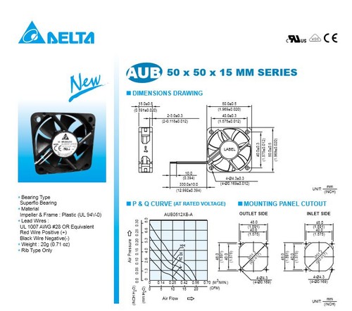 DELTA BRUSHLESS DC 12V 0.11A 3 WIRE COOLING FAN AUB0512LB - Picture 2 of 2