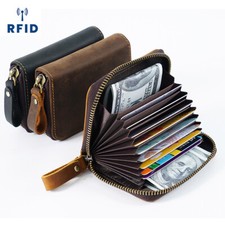 Genuine Leather ID Credit Card Holder Wallet RFID Blocking Zipper Pocket Purse