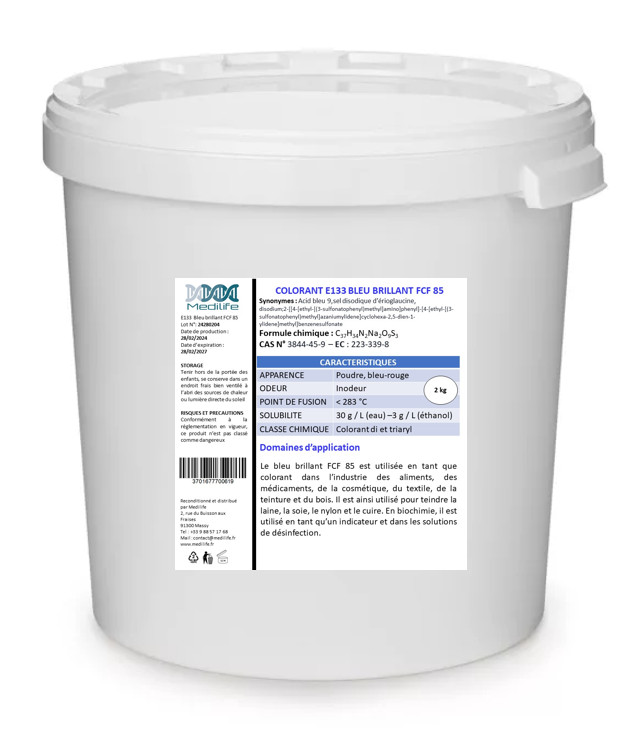 Colorant E133 BLEU BRILLANT FCF 85 haute concentration en poudre pour usage professionnel 2kg