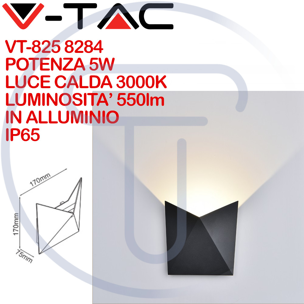 V-TAC VT-825 Lampada Applique LED Tasca 5W Grigia Luce Calda 3000K Esterno IP65