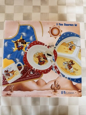 Disney Vintage Mickey Mouse Cowboy Kids 6 Pc Dinner Set Melamine Selandia NIB