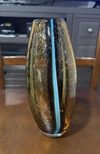 Pier One Hand Blown Glass Vase Amber Blue Stripe 13