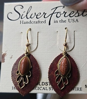 Silver Forest Copper Dangle Earrings Marquis Goldstone Leaves Red Orange Color