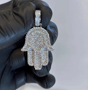 Authentic Men's 1.50Ct Round Cut Real Moissanite Hamsa Hand Pendant 14K White Gold Plated