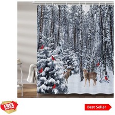 Vibrant Winter Shower Curtain: Deer and Cardinal Print for Holiday Spirit 72in