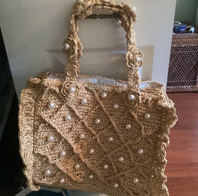 BTB Los Angeles Handbag Tote Purse Raffia Embellished Pearls Large Tropical 