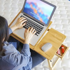 Bamboo Folding Lap Desk w/ Drawer for Laptop Notebook, Bed Breakfast Tray Table