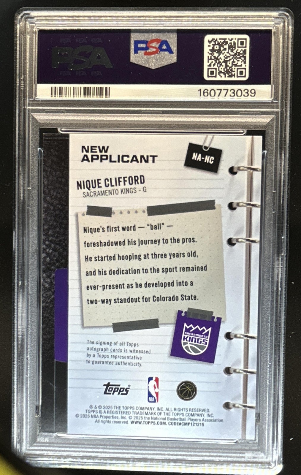 2025-26 Topps Nique Clifford New Applicants Auto Rookie RC #NA-NC Kings PSA 9 view 2