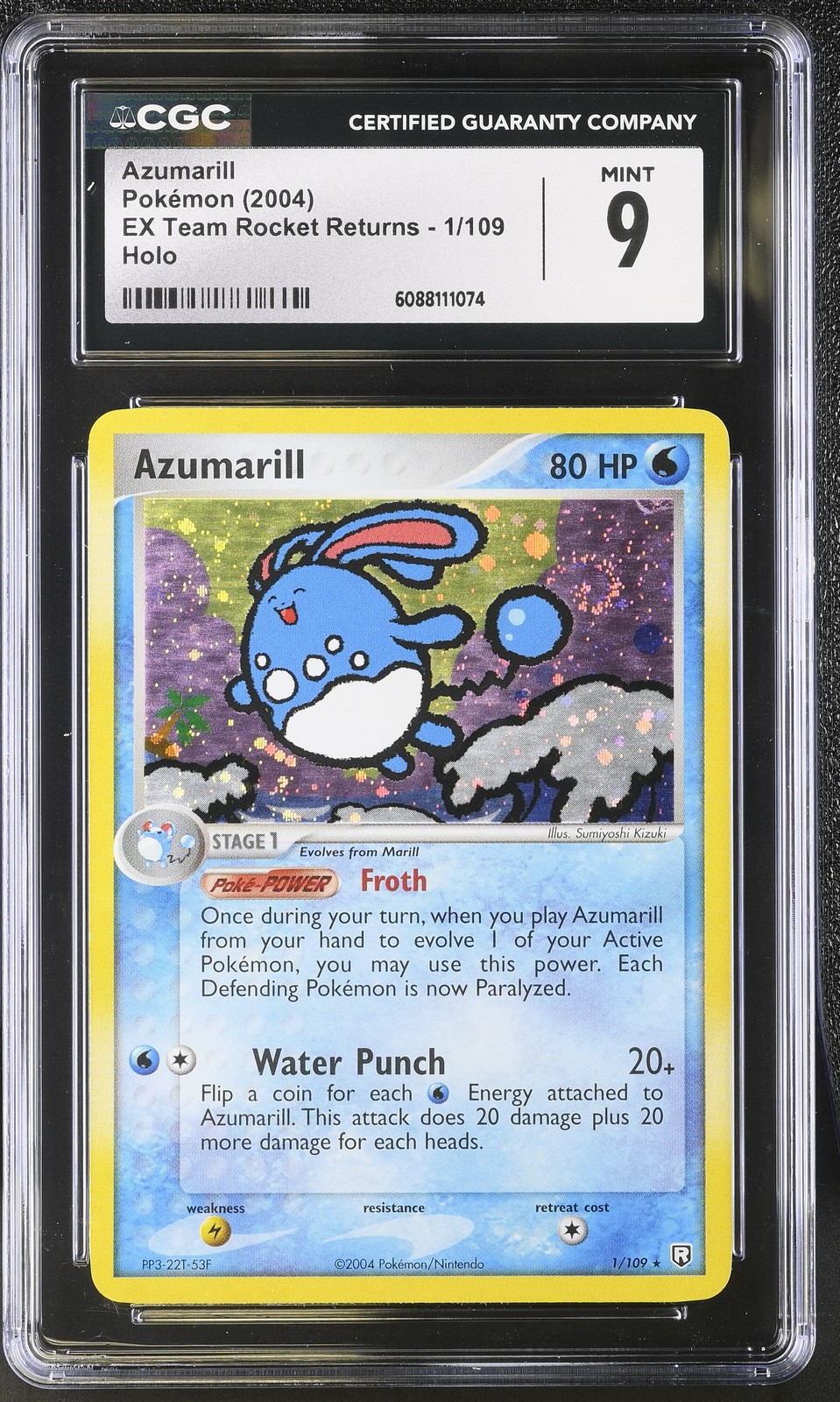 CGC 9 MINT Azumarill 2004 EX Team Rocket Returns 1/109 Holo SWIRL Pokemon Card