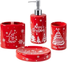 Christmas Bathroom Accessories Set, 4-Piece Ceramic Accessory Red 