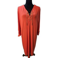Michael Kors Womens Coral Lace-Up Long Sleeve Dress 1X NO BELT Minor Stains