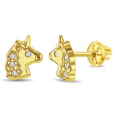 Glimmering Unicorn Clear CZ Toddler / Girl Earrings Safety Screw Back - 14k Gold