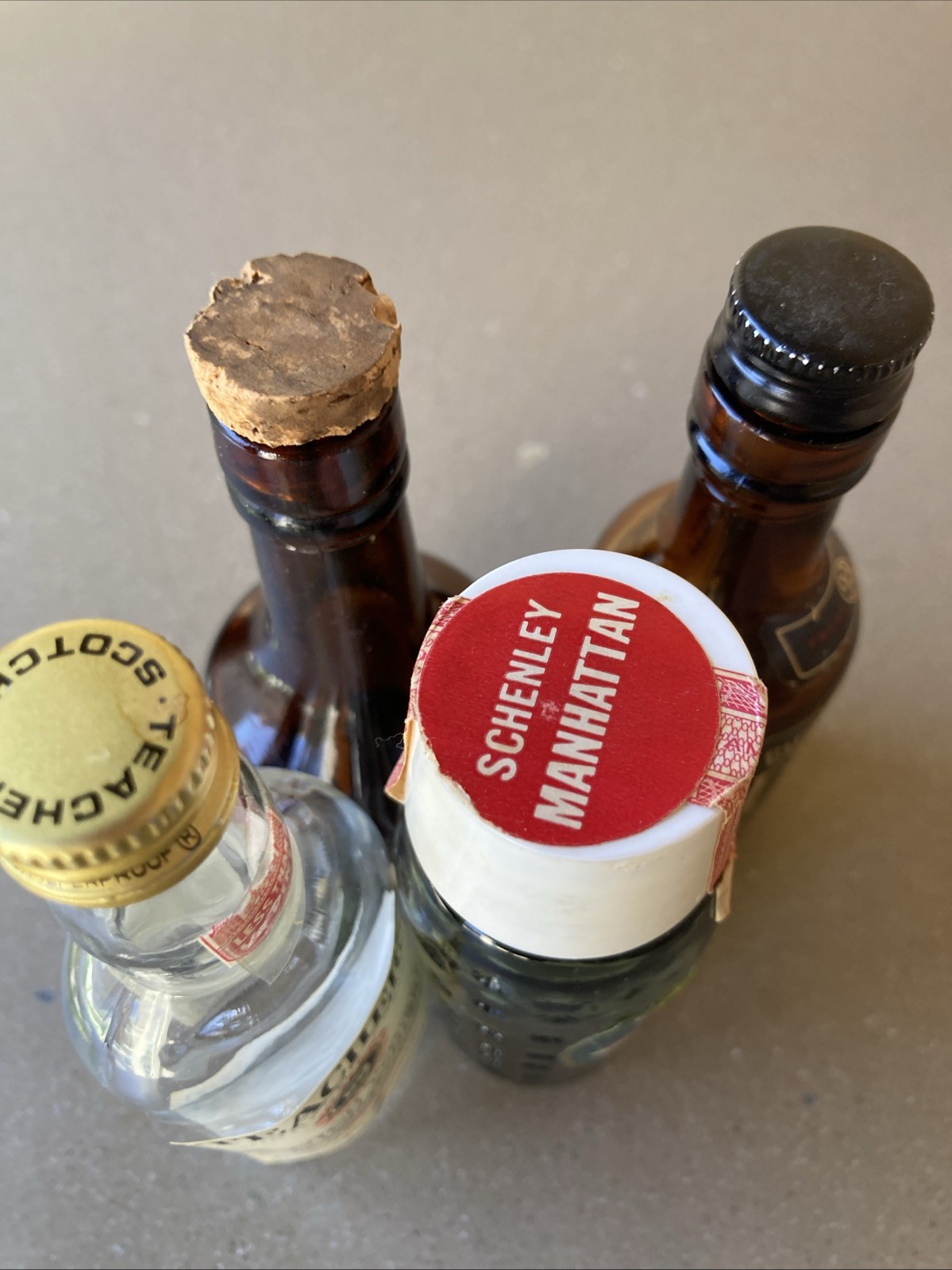 vintage mini liquors bottles 1/10 Pint Teachers, Schenley, Guckenheimer, Rumona