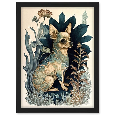 Chihuahua Hund Blumenmuster Fell modern gerahmt Wandbild Bild Druck A3