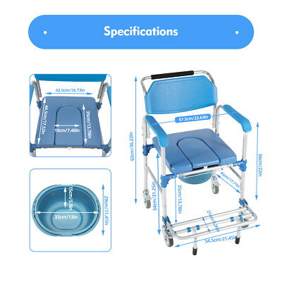Medical Shower Commode Wheelchair Transport Chair Mobility Bedside Toilet 350lbs