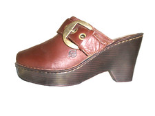 VTG Born BROWN LEATHR MULES PUMPS PLATFORM WEDGE OPEN-BACK Slides CLOGS BELTED 7