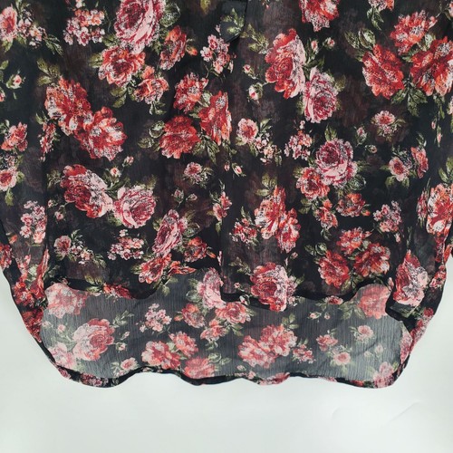 Bongo Womens Floral Sheer Popover Blouse Top Sz M Roll Tab Sleeve Boho V-Neck - Picture 3 of 12